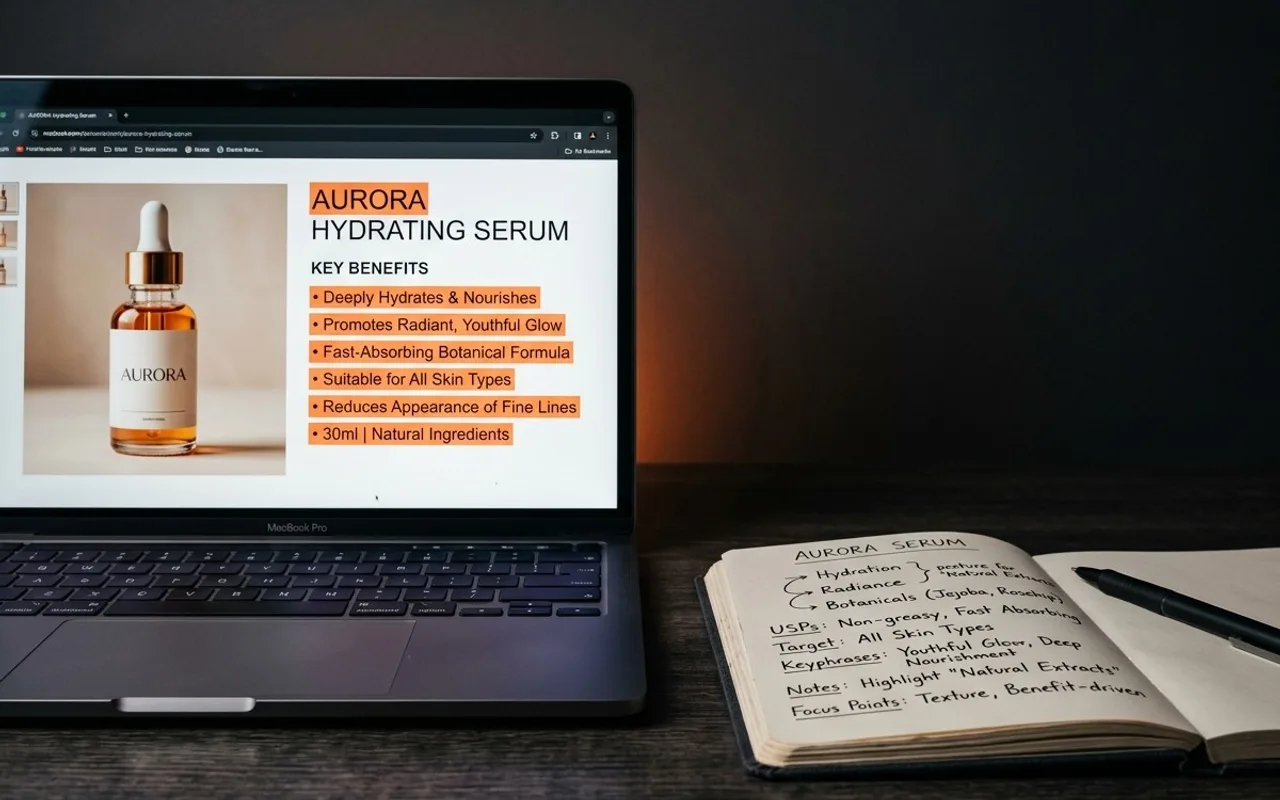Notebook exibindo página de produto de um sérum com benefícios destacados em laranja, ao lado de um caderno com anotações de palavras-chave.