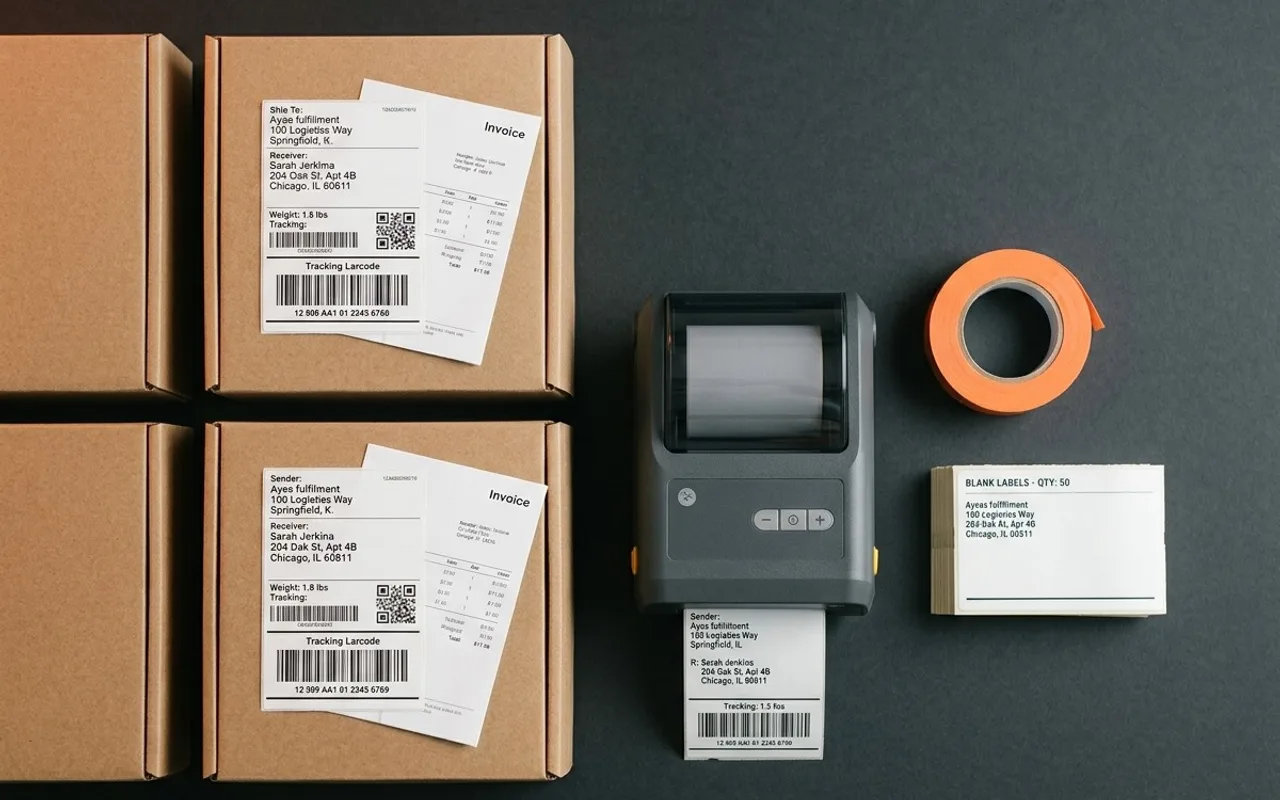 Caixas de envio com etiquetas e notas, impressora térmica imprimindo etiqueta e fita laranja sobre mesa escura.