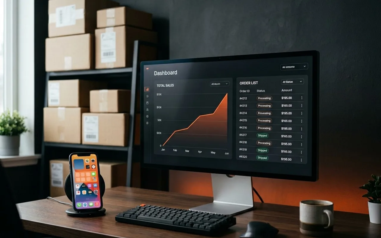 Monitor com painel de vendas em alta e lista de pedidos, celular ao lado e prateleira com caixas de envio.