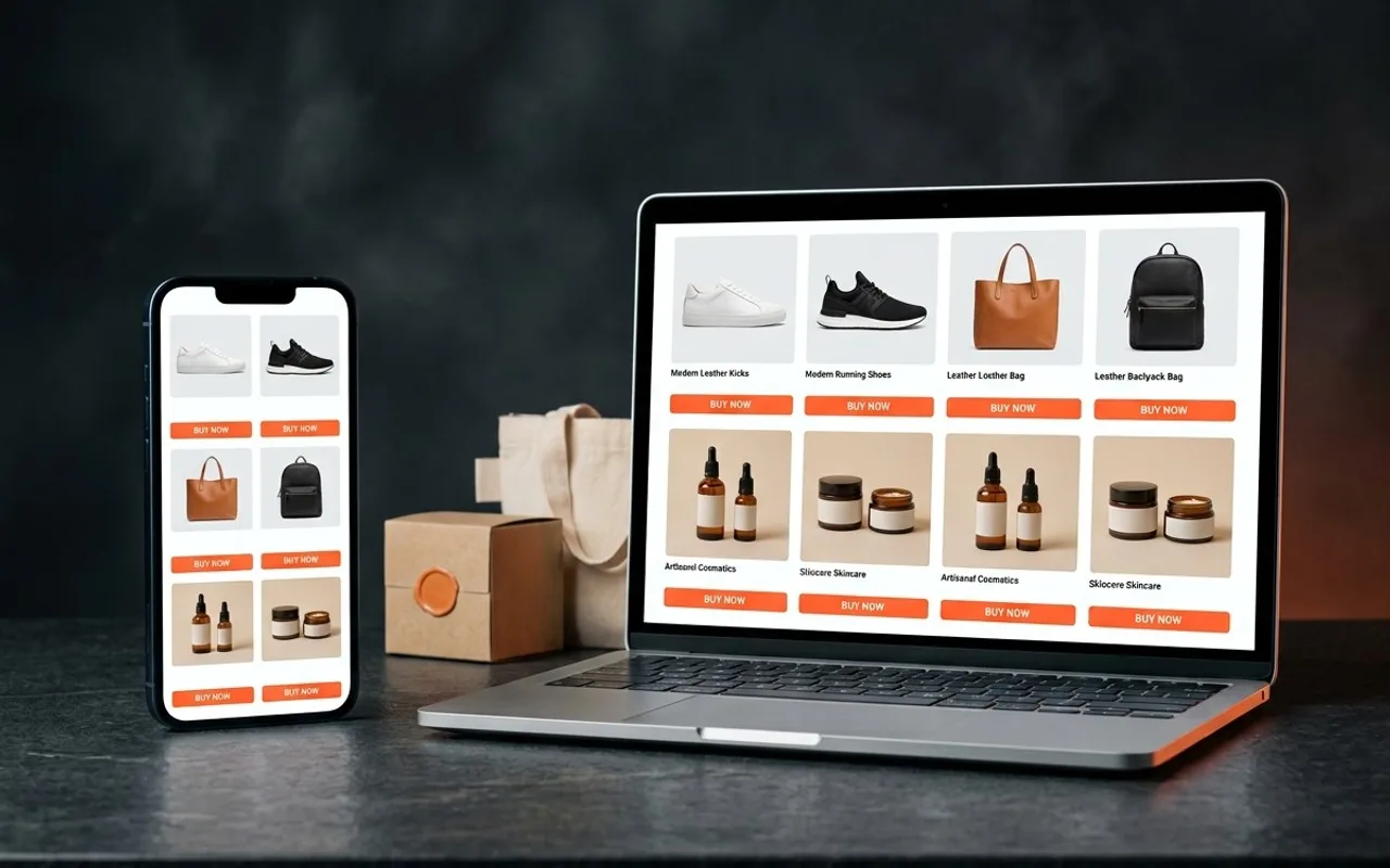 Celular e notebook exibindo uma loja online organizada com tênis, bolsas e cosméticos, ao lado de uma caixa e uma sacola.