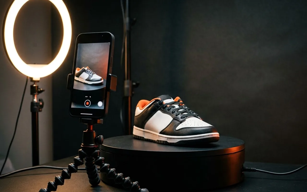 Celular em tripé gravando um tênis sobre base giratória, iluminado por um ring light.